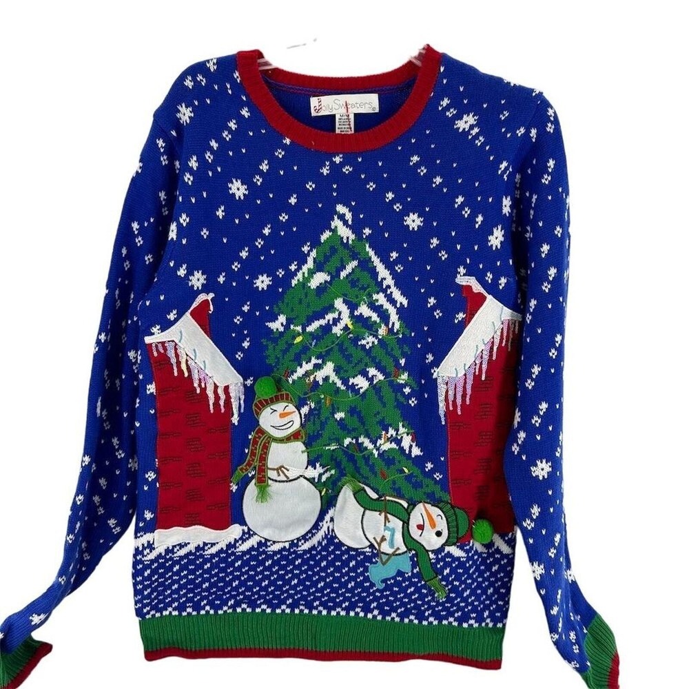 Jolly Sweaters Light Up Christmas Sweater Mens Medium Blue Snowman LED Sequin